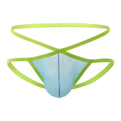 Criss Cross Thongs for Men Low Rise U Convex Pouch G-String Underwear See Through Ultra-Thin Sexy Under Panties (Blue,Medium)