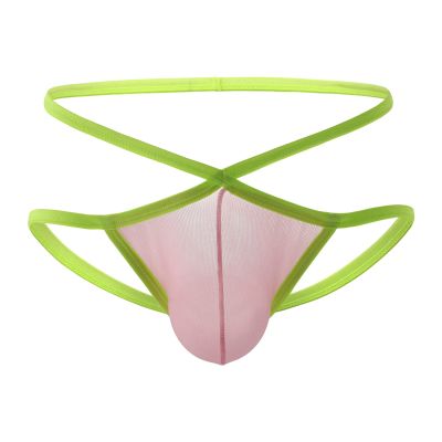JEsilunmaMY Mens See Through G-String Criss Cross Waist U Convex Pouch Thong Underwear Breathable Jockstrap Briefs Underpants (Pink,Large)