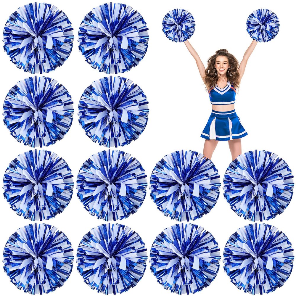 Deekin 12 Pcs Cheerleading Pom Poms Cheerleader Squad Spirited Fun Pompoms 12 Inch Metallic Foil Cheer Pom Poms with Handle Flowers for Sport Team Dance Costume Party 50g Weight Each(Blue and White)