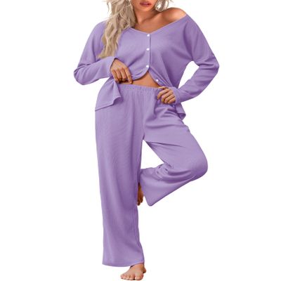 Ekouaer Womens Waffle Knit Pajamas Long Sleeve Lounge Set Button Up Pjs Loungewear with Pockets Lilac S