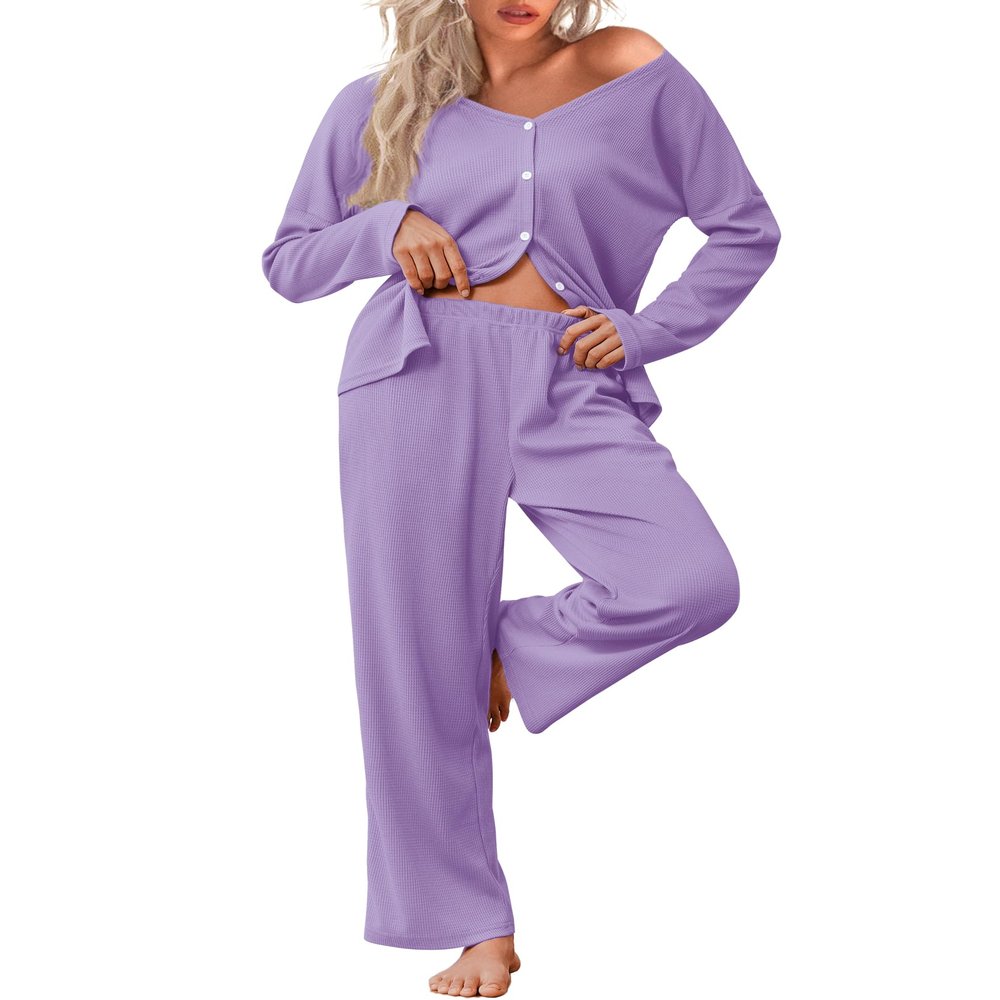 Ekouaer Womens Waffle Knit Pajamas Long Sleeve Lounge Set Button Up Pjs Loungewear with Pockets Lilac S