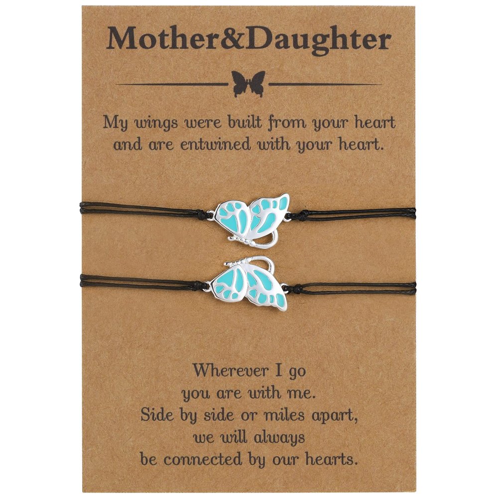 RS Matching Butterfly Mother Mom Daughter Bracelets Set for 2 Mother's Day Valentines Christmas Jewelry Gifts for Women Girls Silver