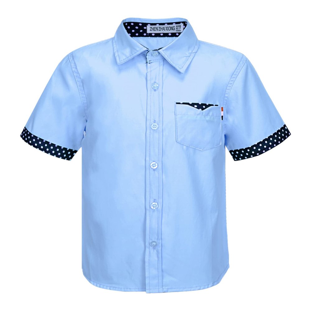 Agoky Kids Boys Short Sleeve Turndown Collar Button Down Shirt Students Boys Uniform Tops Formal Dress T-Shirt Casual Wear Blue 13-14 Years