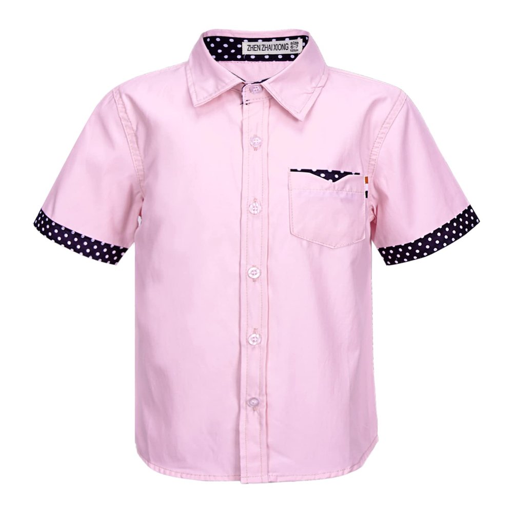 Agoky Kids Boys Short Sleeve Turndown Collar Button Down Shirt Students Boys Uniform Tops Formal Dress T-Shirt Casual Wear Pink 5-6 Years