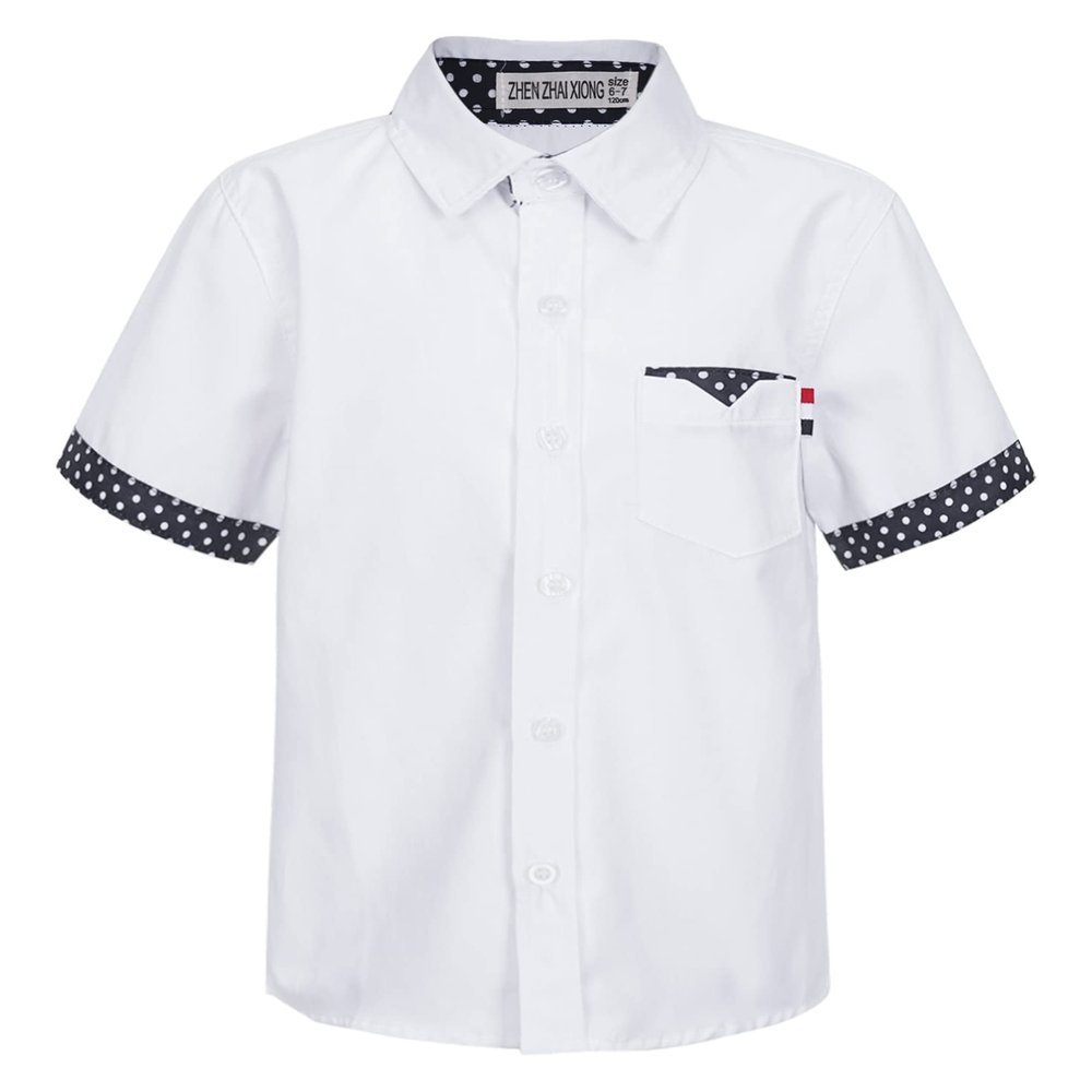 Agoky Kids Boys Short Sleeve Turndown Collar Button Down Shirt Students Boys Uniform Tops Formal Dress T-Shirt Casual Wear White 13-14 Years