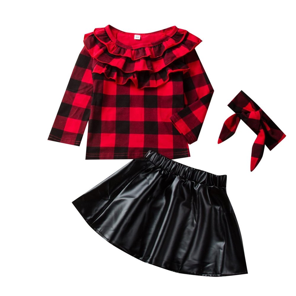 Children Kids Toddler Infant Baby Girls Ruffled Plaid Long Sleeve Tops Blouse T Shirt Solid Clothes (Red, 5-6 Years)