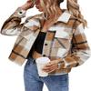 Binshre Womens Fashion Cropped Plaid Shacket Flannel Long Sleeve Button Down Jackets Coat for Women 2023 Fall Khaki US 16-18