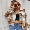 Binshre Womens Fashion Cropped Plaid Shacket Flannel Long Sleeve Button Down Jackets Coat for Women 2023 Fall Khaki US 16-18 view 3
