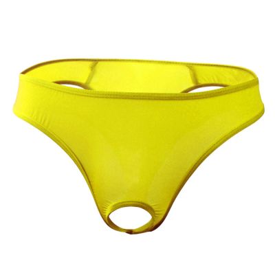 JEsilunmaMY Briefs Underwear for Men Low Rise Ice Silk Open Pouch Thong Bikini See Through Sexy Panties Underpants Swimwear (Yellow,One Size)
