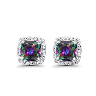 18k White Gold Plated Halo Princess Cut Stud Earrings, 4 Ct Earrings Mystic Topaz Birthstone Jewelry, Gift for Women  Paris Jewelry