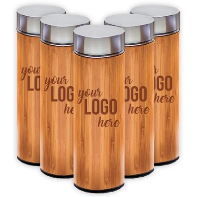 Custom Bamboo Water Bottle Employee/Staff Appreciation/Recognition Gift - 5 Pack of 15 oz Stainless Steel Interior with Screw On Lid and Tea Infuser - Add Your Logo