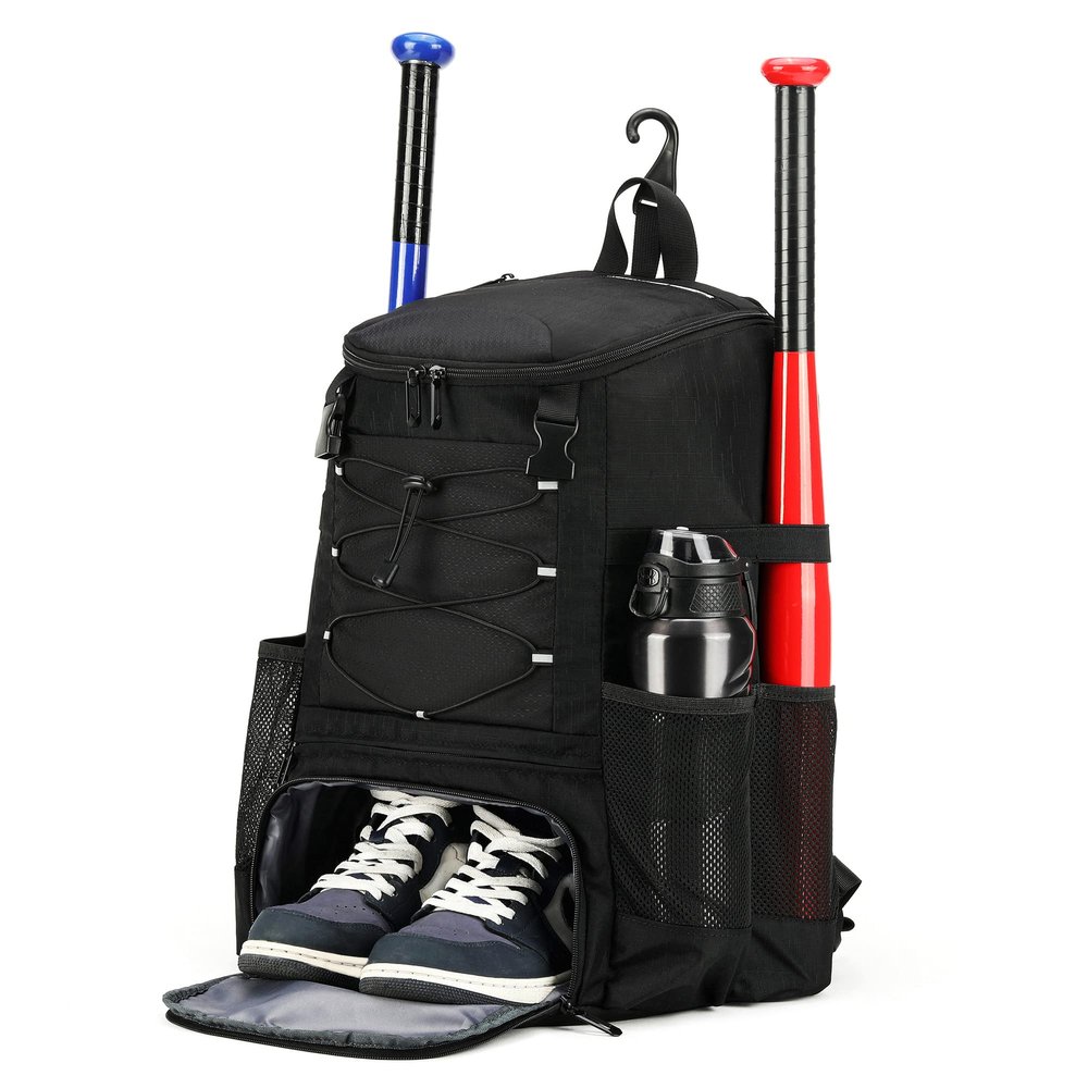 AI EN JIU Softball Bag, Baseball Bat Bag for Youth Boys Adult, Lightweight Baseball Equipment Backpack with Shoe Compartment, Bat Backpack with Fence Hook for TBall Bat, Helmet(Black)