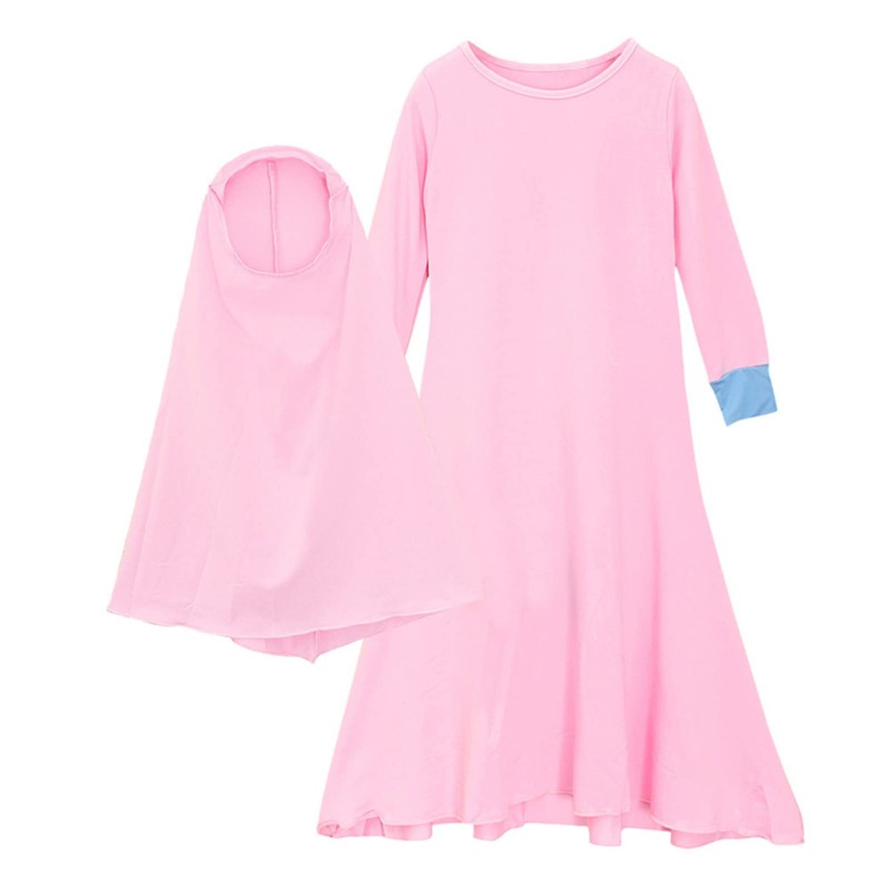 Muslim Islamic Baby Girls' Ramadan Abaya with Hijab Full Length Robe Burka Maxi Little Layettes for (Pink, 9-10 Years)