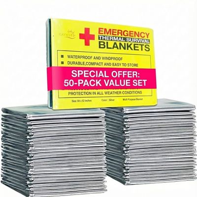 Rawyer (50 Pack) Emergency Thermal Survival Blankets, Mylar Blankets for Outdoor, Camping, Hiking, Survival in Harsh Weather, Large Silver Thermal Sheets, Heavy Duty Survival Gear (50, 84x52)