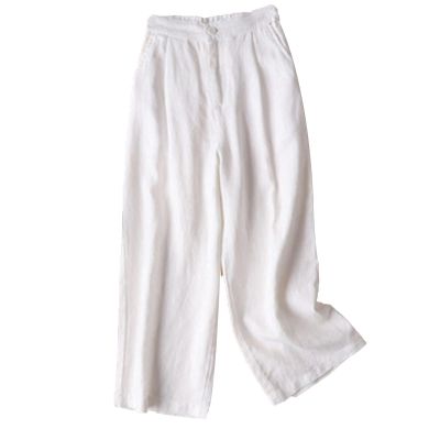 DGHM-JLMY Women Cotton Linen Loose Wide-Leg Pants High Waist Casual Straight Trouser Cropped Breasted Classy Pants (White,Medium,5,OZ)