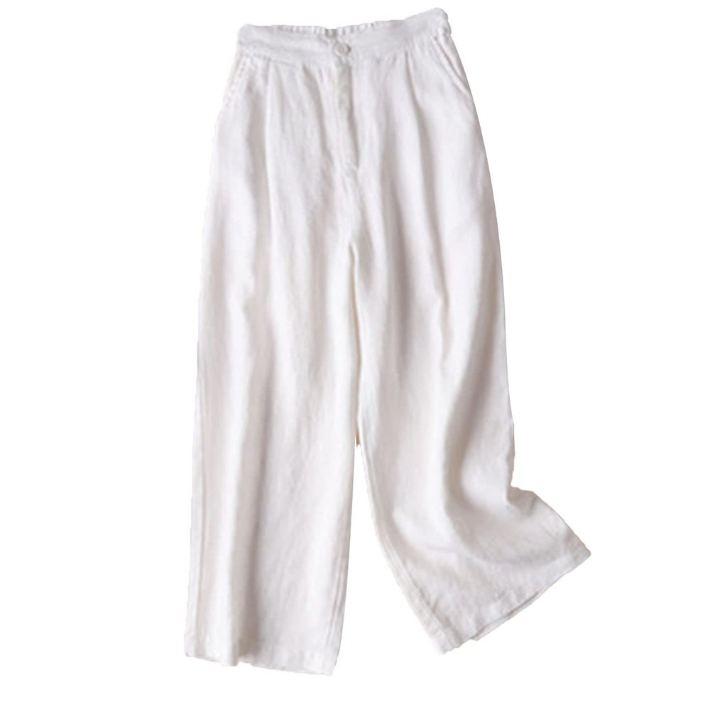 DGHM-JLMY Women Cotton Linen Loose Wide-Leg Pants High Waist Casual Straight Trouser Cropped Breasted Classy Pants (White,Medium,5,OZ)