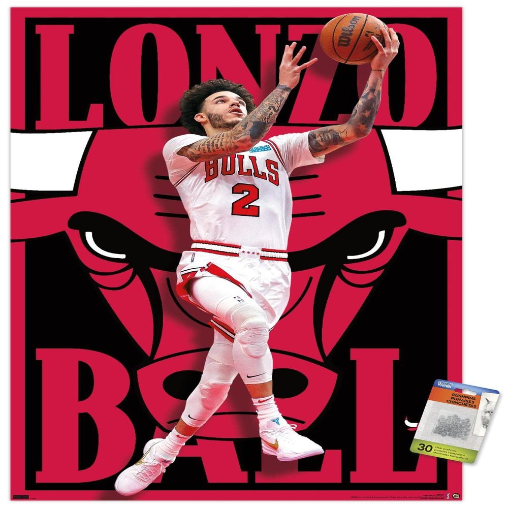 Trends International NBA Chicago Bulls - Lonzo Ball 22 Wall Poster, 22.375" x 34", Premium Poster & Push Pin Bundle
