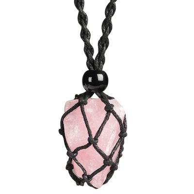 Anjiucc Natural Gemstone Crystal Raw Rose Quartz Pendant Necklace Stone Holder Necklace Cord Hand-Woven Necklace with Adjustable Length for Women Men