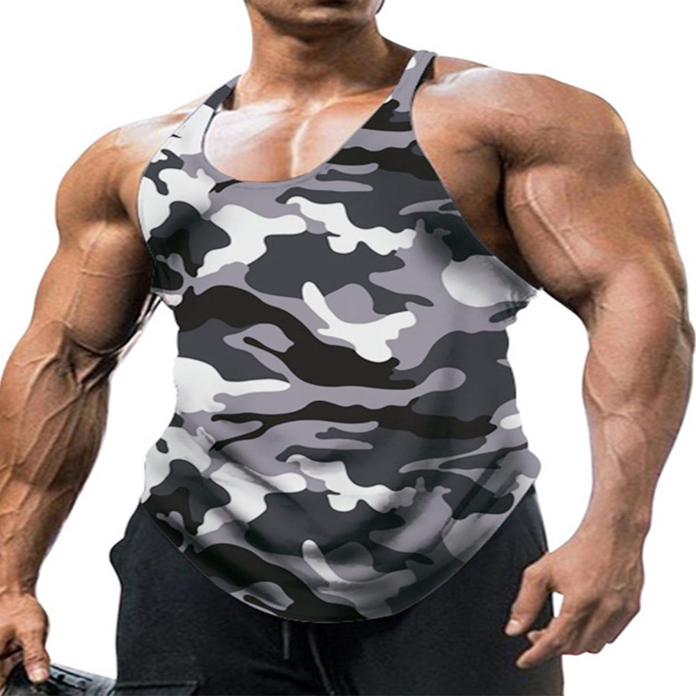 Loodgao Men's Gym Workout Tank Top Stringer Bodybuilding Muscle Vest Camouflage Sleeveless Summer T-Shirt Gray Medium