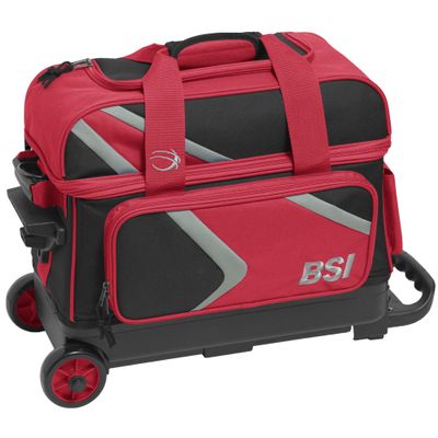 BSI Dash Double Roller Bowling Bag with Smooth Rolling Wheels, Padded Ball Compartment, Retractable Locking Handle, & Shoe Pocket, Black/Red/Gray