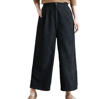 DGHM-JLMY Women's Corduroy Casual Wide Leg Harem Pants Cotton Retro Trouser with Pockets Comfort Bottom Leg Sweatpants (Black,Medium,5,OZ)