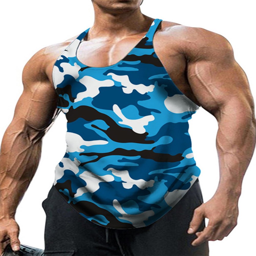 Loodgao Men's Gym Workout Tank Top Stringer Bodybuilding Muscle Vest Camouflage Sleeveless Summer T-Shirt Blue X-Large