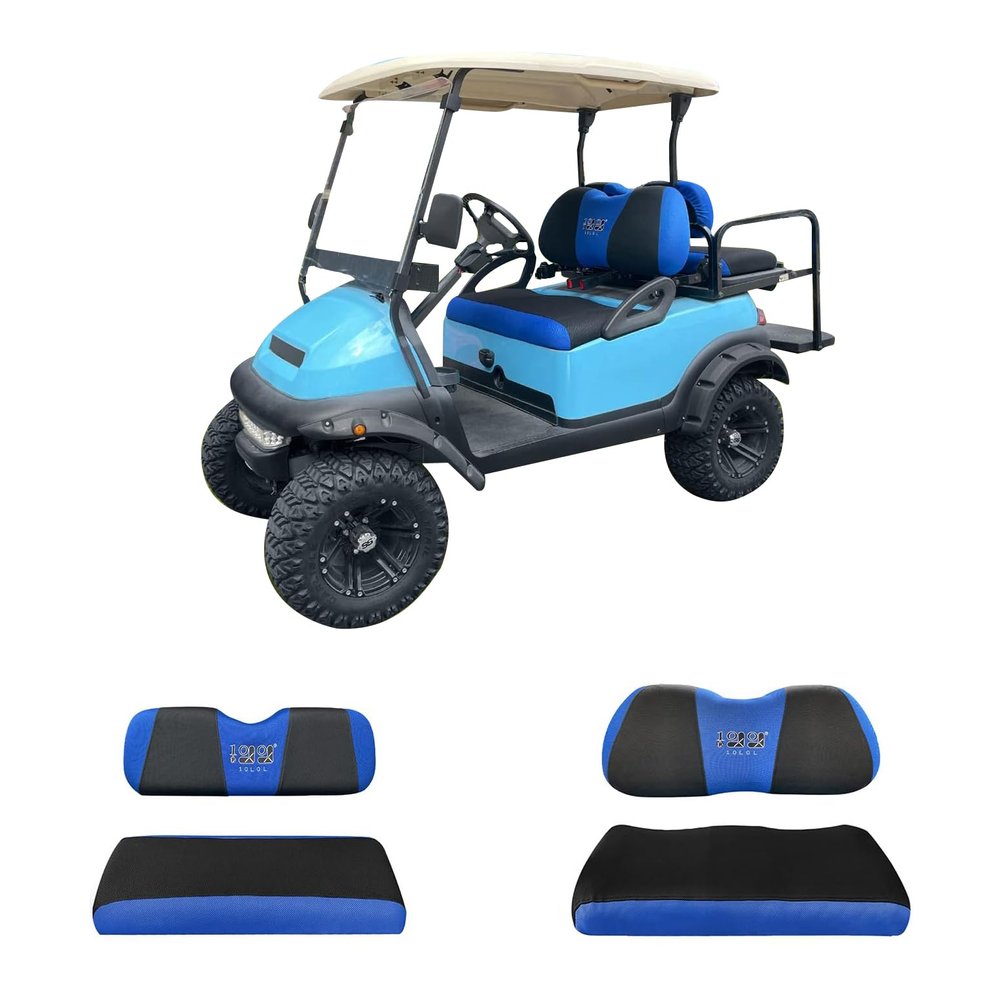 10L0L Golf Cart Front and Rear Seat Cover Set for Club Car DS/Precedent/Onward/Tempo & Yamaha G29 /Drive 2,Stylish 4 Passenger Front Back Seat Covers,Breathable Washable Polyester Mesh (Black/Blue)