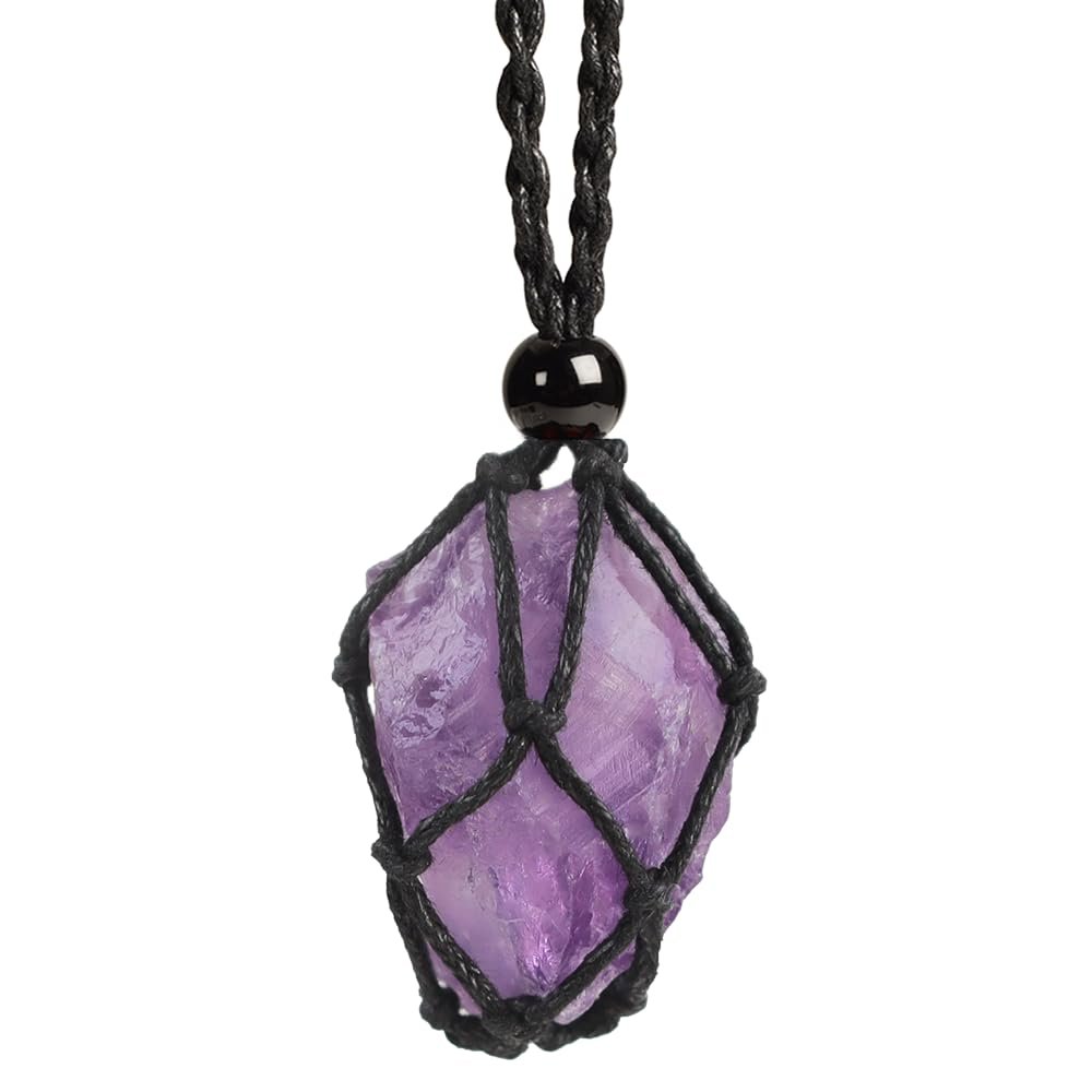 Anjiucc Natural Gemstone Crystal Raw Amethyst Pendant Necklace Stone Holder Necklace Cord Hand-Woven Necklace with Adjustable Length for Women Men