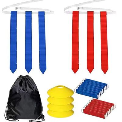 Flag Football Set - 14 Durable Belts with 42 Flags, Bonus 4 Cones and 1 Drawstring Bag (21 Red and 21 Blue) for Youth & Adults