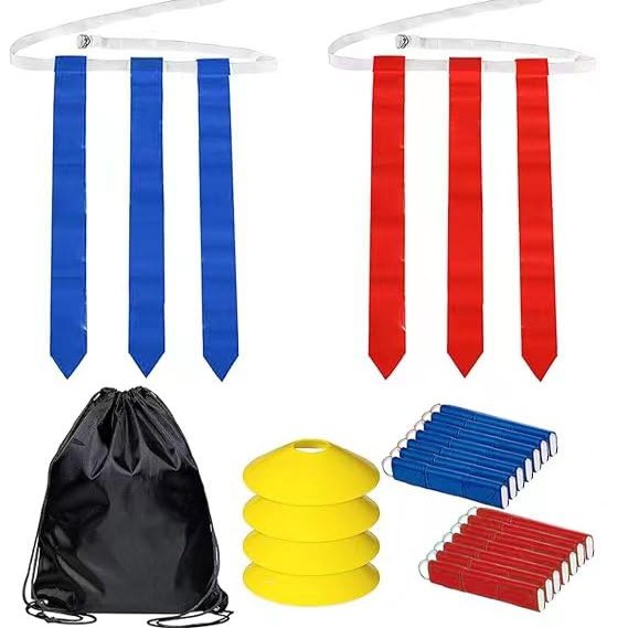 Flag Football Set - 14 Durable Belts with 42 Flags, Bonus 4 Cones and 1 Drawstring Bag (21 Red and 21 Blue) for Youth & Adults