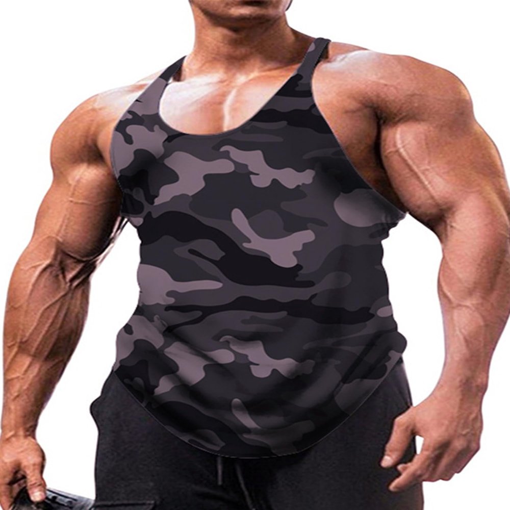 Loodgao Men's Gym Workout Tank Top Stringer Bodybuilding Muscle Vest Camouflage Sleeveless Summer T-Shirt Charcoal Grey Medium