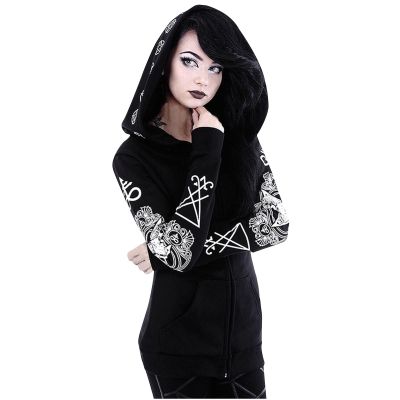tuduoms Women's Casual Zip Up Hoodie Black Gothic Vintage Moon Printed Jacket Coat Long Sleeve Sweatshirts Goth Punk Clothes