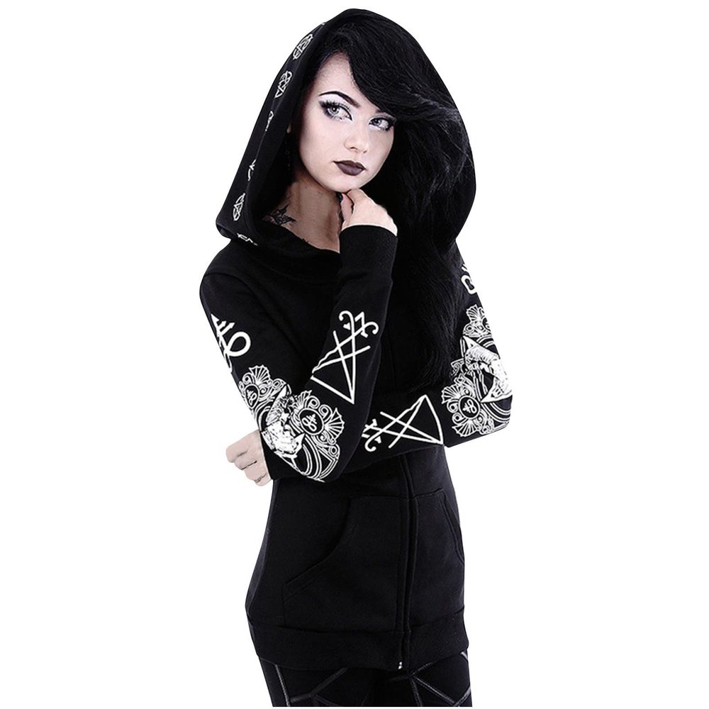 tuduoms Women's Casual Zip Up Hoodie Black Gothic Vintage Moon Printed Jacket Coat Long Sleeve Sweatshirts Goth Punk Clothes