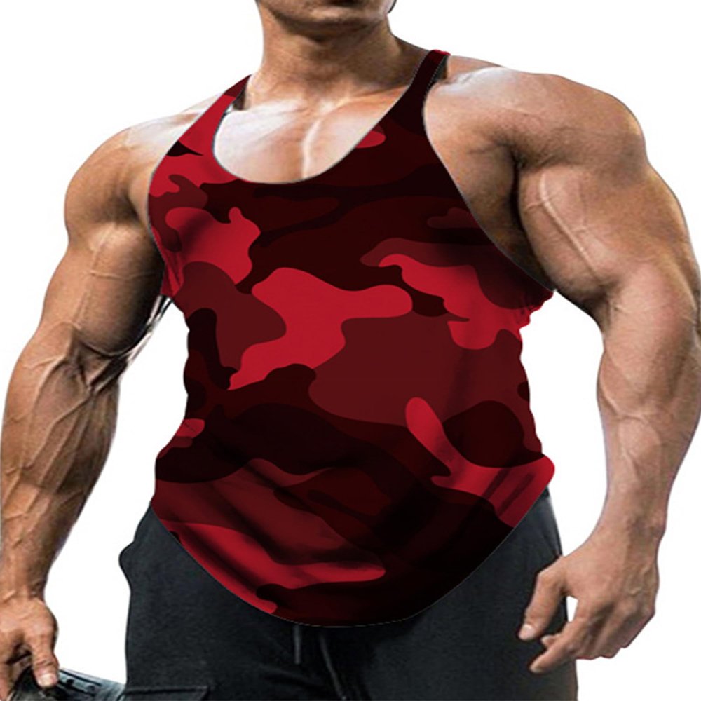 Loodgao Men's Gym Workout Tank Top Stringer Bodybuilding Muscle Vest Camouflage Sleeveless Summer T-Shirt Red Small