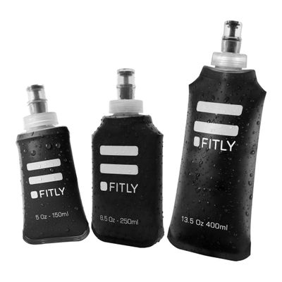 FITLY Soft Flask 3 Pack - 5 oz (150 ml), 8.5oz (250ml), & 13.5oz (400ml) - Shrink As You Drink Soft Water Bottle for Hydration Pack - Folding Water Bottle For Running & Hiking