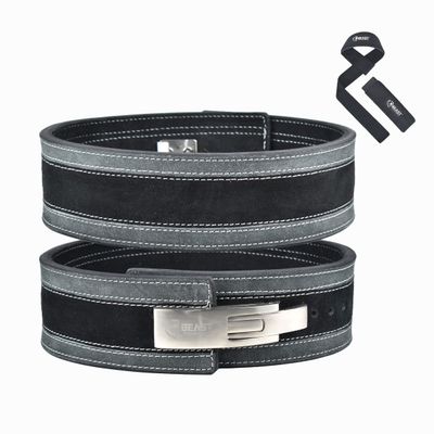 Beastpowergear Lever belt Weight Lifting 10MM Real Leather Lever Belt Powerlifting- Free Strap Lower Back Support for Weightlifting, Deadlifts, Squats, Power Belt- Men & Women (Large, Black/Gray)