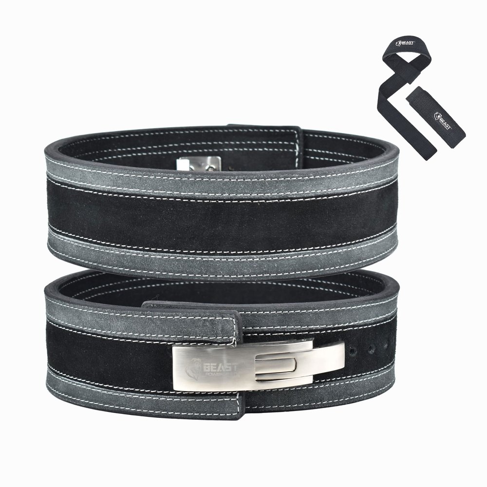 Beastpowergear Lever belt Weight Lifting 10MM Real Leather Lever Belt Powerlifting- Free Strap Lower Back Support for Weightlifting, Deadlifts, Squats, Power Belt- Men & Women (Large, Black/Gray)