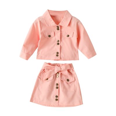 Toddler Kids Baby Girls Long Sleeve Jacket Coat T Shirt Tops Bow Button Skirts 2PCS Girls Outfits (Pink, 4-5 Years)