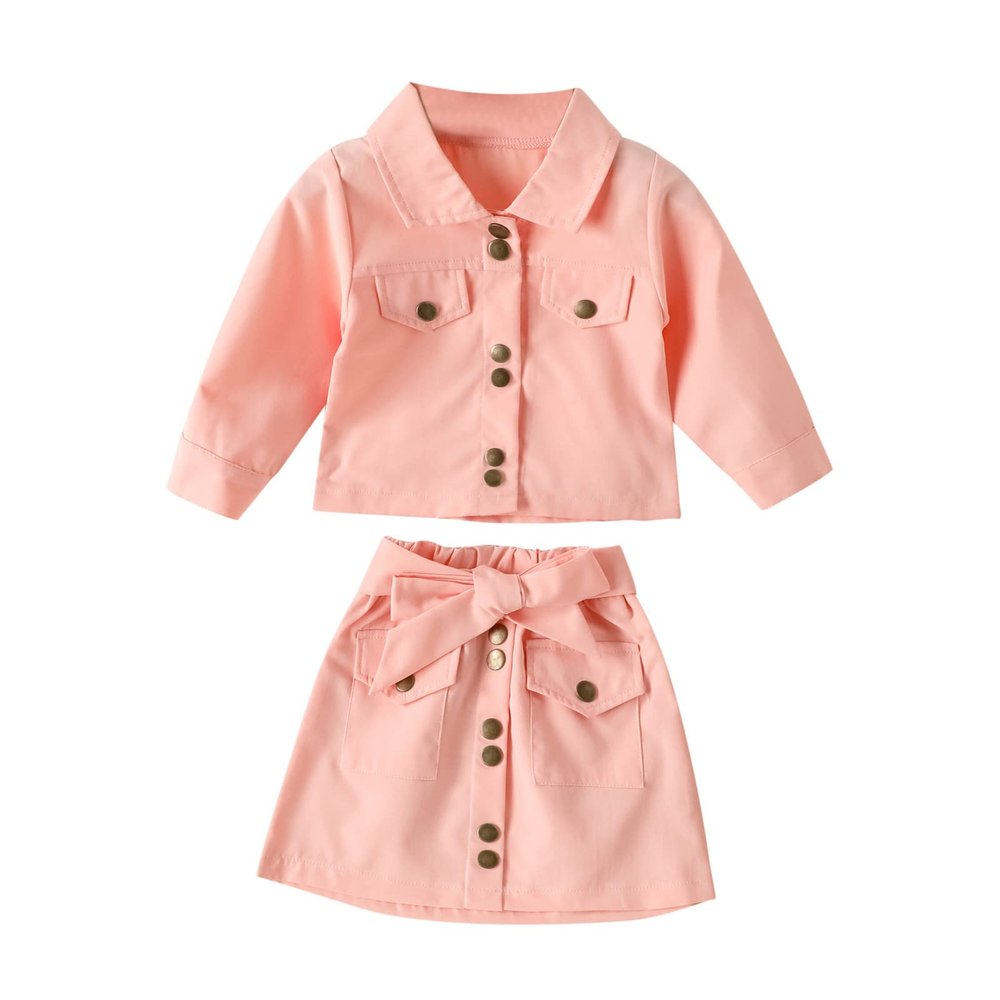 Toddler Kids Baby Girls Long Sleeve Jacket Coat T Shirt Tops Bow Button Skirts 2PCS Girls Outfits (Pink, 4-5 Years)