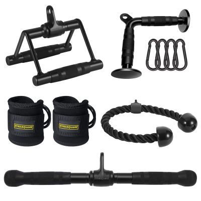 DYNASQUARE Cable Attachments for Home Gym, Made of Heavy Duty Solid Steel, LAT Pulldown Attachment, Weight Machine Accessories, Straight Pull Down Bar, Tricep Rope, Exercise & Double D Handle