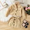 Toddler Kids Baby Girls Long Sleeve Jacket Coat T Shirt Tops Bow Button Skirts 2PCS Girls Outfits (Khaki, 3-4 Years) view 2