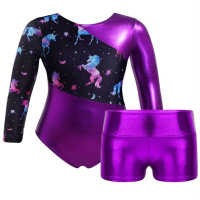 Moggemol Kids Girls Gymnastics Dance 2 Piece Outfits Long Sleeve Leotards with Shorts Sets Athletic Biketard Metallic,Purple 8 Years