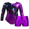 Moggemol Kids Girls Gymnastics Dance 2 Piece Outfits Long Sleeve Leotards with Shorts Sets Athletic Biketard Metallic,Purple 8 Years view 1