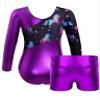 Moggemol Kids Girls Gymnastics Dance 2 Piece Outfits Long Sleeve Leotards with Shorts Sets Athletic Biketard Metallic,Purple 8 Years view 2