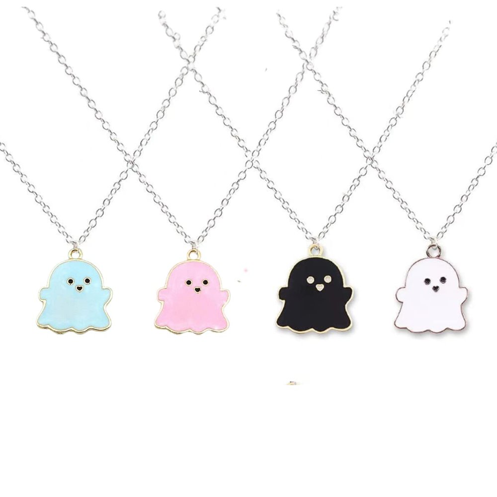 4Pcs Ghost Pendant Necklaces for Women Men Best Friend Lovely Ghost Enamel Charm Chokers Gift Couple Memorial Necklace Jewelry Gifts Costume Halloween