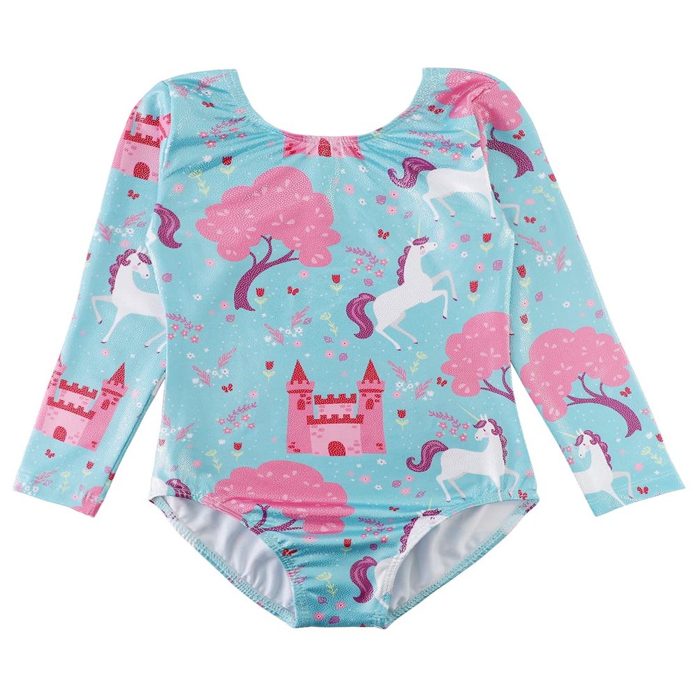 Gymnastics Leotard 5t 5/6 Unitard Long Sleeve Sleeved Outfits Bodysuits Tumbling Aqua Blue Unicorn Tree Pink Castle Flower Floral Horse