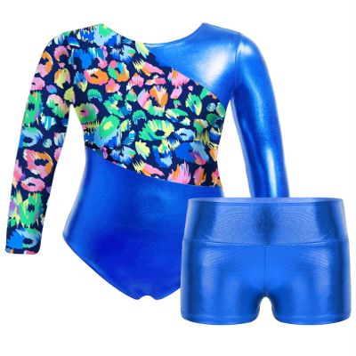 Daenrui Kids Girls Long Sleeve Gymnastics Leotards with Shorts Biketard 2 Pieces Ballet Dance Outfits Tracksuit Royalblue 8 Years