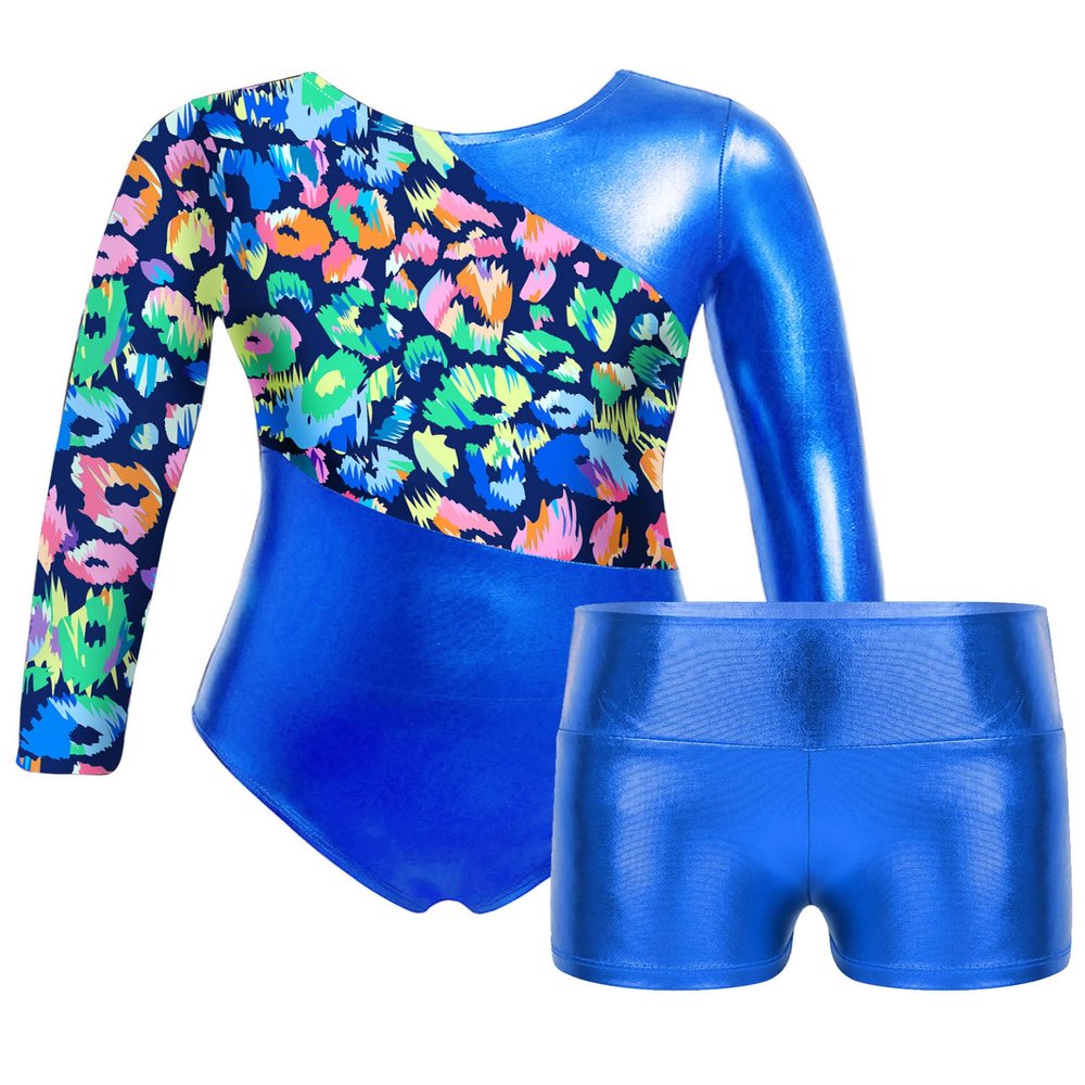 Daenrui Kids Girls Long Sleeve Gymnastics Leotards with Shorts Biketard 2 Pieces Ballet Dance Outfits Tracksuit Royalblue 8 Years