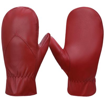 Women's Leather Mittens Warm Lambskin Mittens Winter Fleece Lined,Red,L