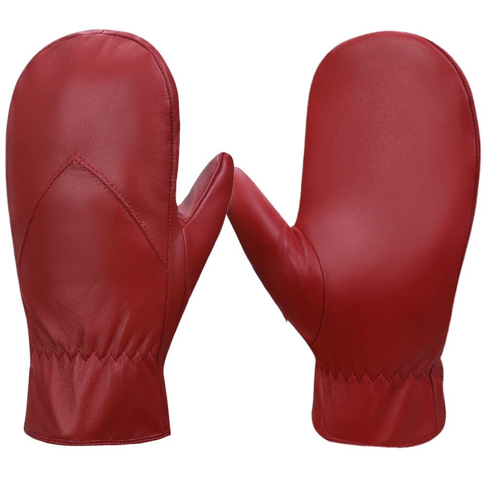 Women's Leather Mittens Warm Lambskin Mittens Winter Fleece Lined,Red,L